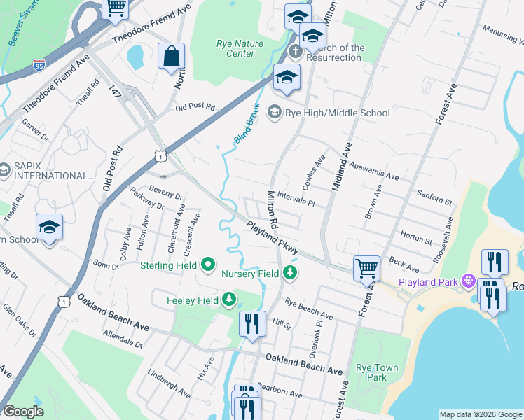 map of restaurants, bars, coffee shops, grocery stores, and more near 306 Milton Road in Rye