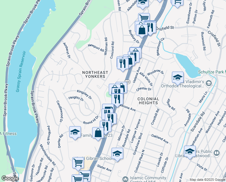 map of restaurants, bars, coffee shops, grocery stores, and more near 52 Elissa Lane in Yonkers