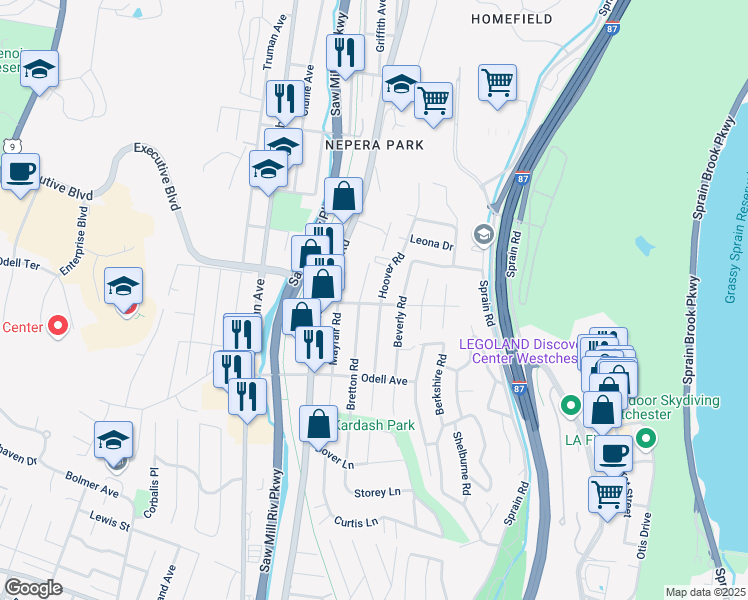 map of restaurants, bars, coffee shops, grocery stores, and more near 173 Bretton Road in Yonkers