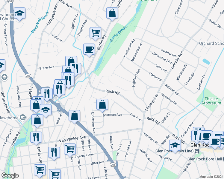map of restaurants, bars, coffee shops, grocery stores, and more near 386 Highview Terrace in Ridgewood
