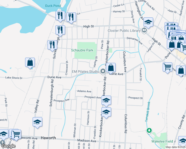 map of restaurants, bars, coffee shops, grocery stores, and more near 233 Durie Avenue in Closter