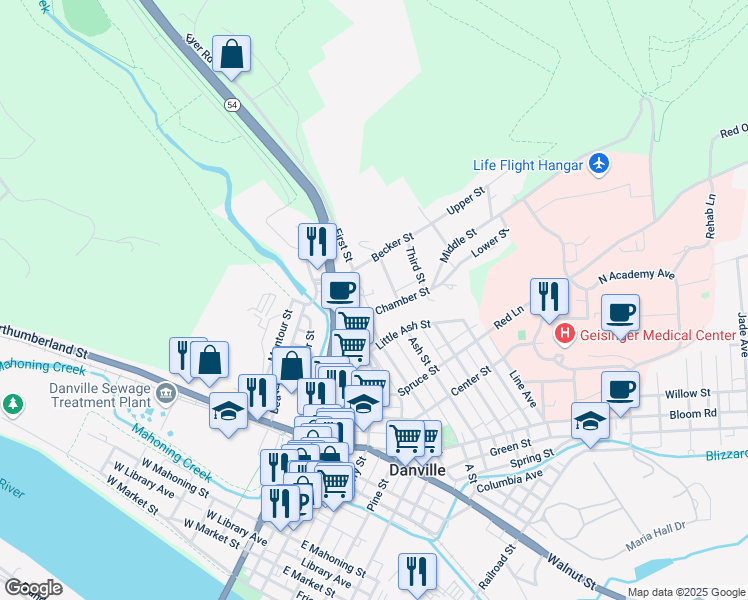 map of restaurants, bars, coffee shops, grocery stores, and more near 315 Chamber Street in Danville