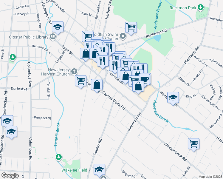 map of restaurants, bars, coffee shops, grocery stores, and more near 496 High Street in Closter