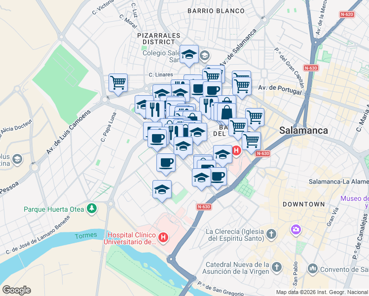 map of restaurants, bars, coffee shops, grocery stores, and more near Calle Arapiles in Salamanca