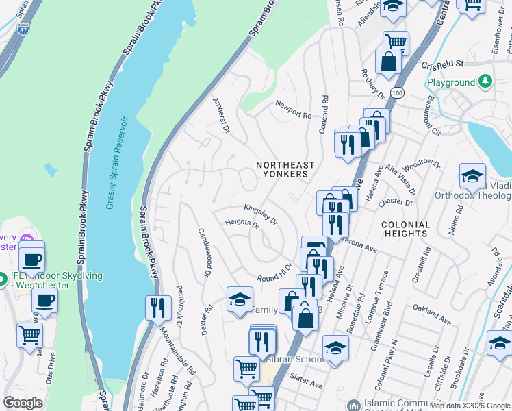 map of restaurants, bars, coffee shops, grocery stores, and more near 143 Windermere Drive in Yonkers