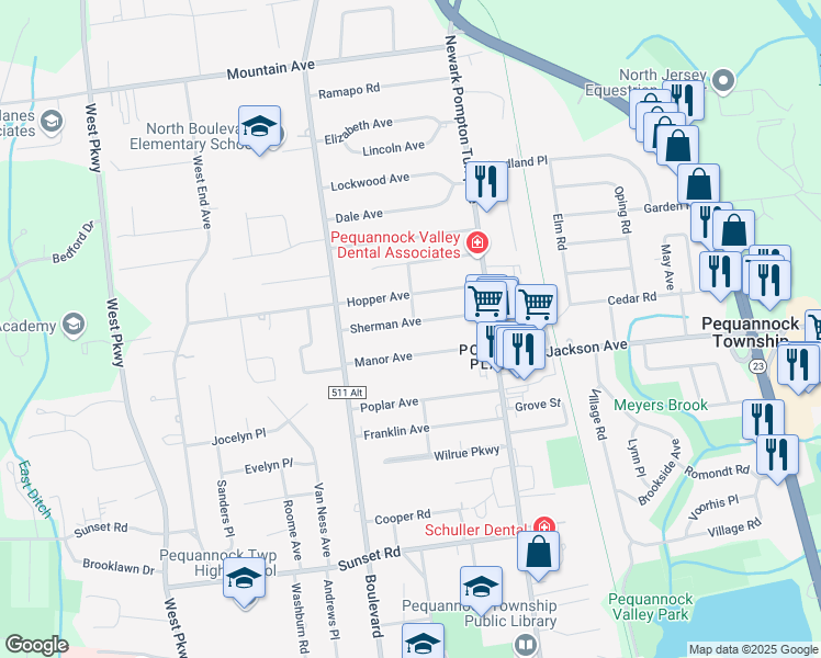 map of restaurants, bars, coffee shops, grocery stores, and more near 27 Sherman Avenue in Pequannock Township