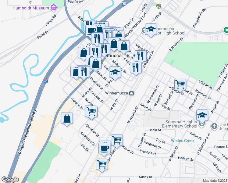 map of restaurants, bars, coffee shops, grocery stores, and more near 542 Aiken Street in Winnemucca