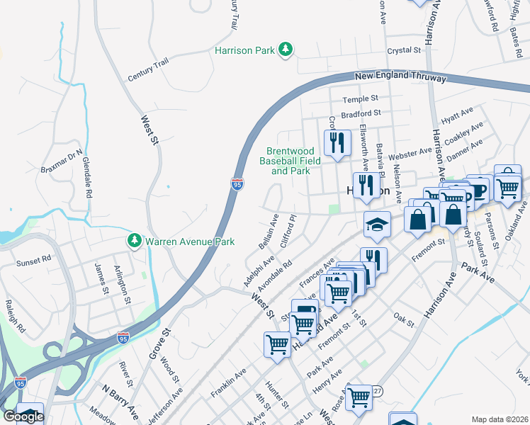 map of restaurants, bars, coffee shops, grocery stores, and more near 5 Lockwood Place in Harrison
