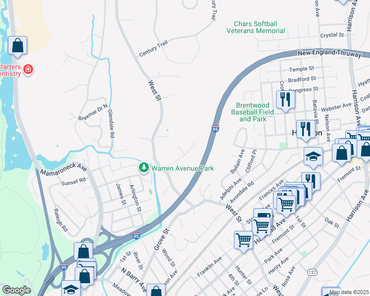 map of restaurants, bars, coffee shops, grocery stores, and more near 15 Westwood Drive in Harrison