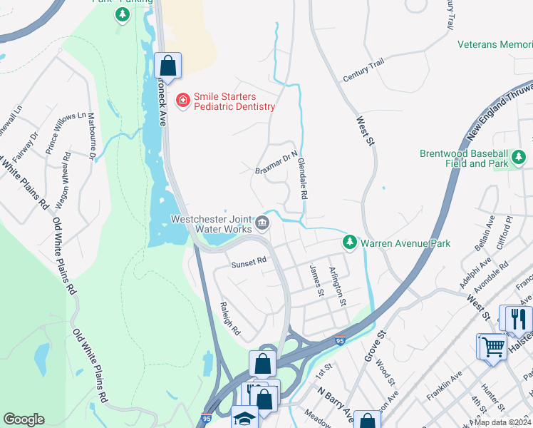 map of restaurants, bars, coffee shops, grocery stores, and more near 86 Winfield Avenue in Harrison
