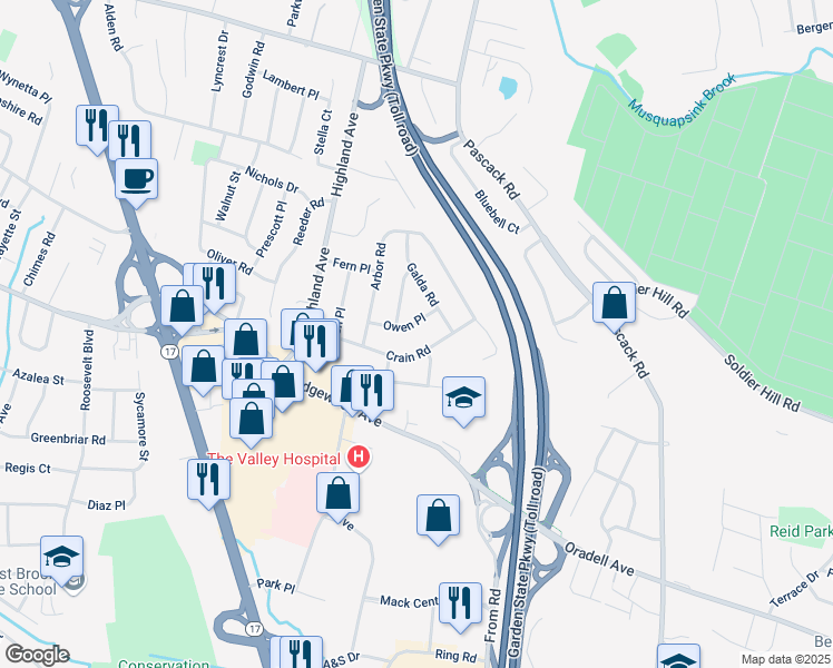 map of restaurants, bars, coffee shops, grocery stores, and more near 115 Owen Place in Paramus