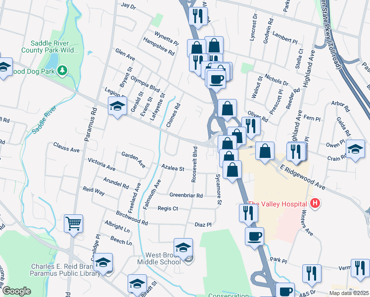 map of restaurants, bars, coffee shops, grocery stores, and more near 671 East Beverwyck Place in Paramus