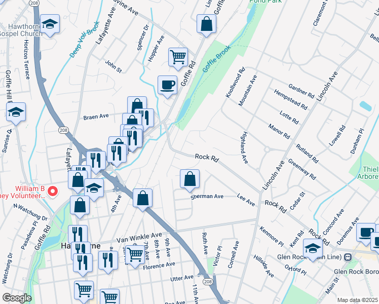 map of restaurants, bars, coffee shops, grocery stores, and more near 99 Rock Road in Hawthorne