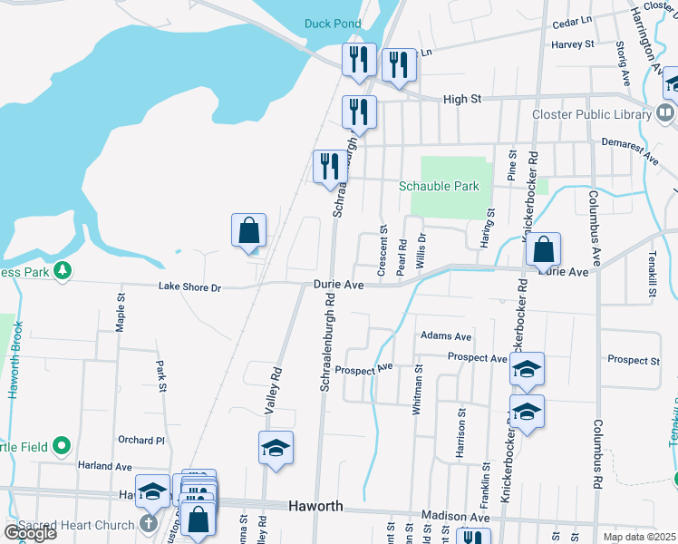 map of restaurants, bars, coffee shops, grocery stores, and more near 57 Bethany Circle in Closter