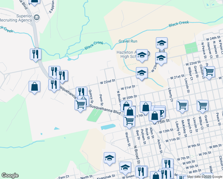 map of restaurants, bars, coffee shops, grocery stores, and more near 661 Harvey Street in West Hazleton