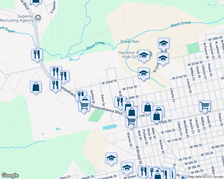 map of restaurants, bars, coffee shops, grocery stores, and more near 661 Harvey Street in West Hazleton