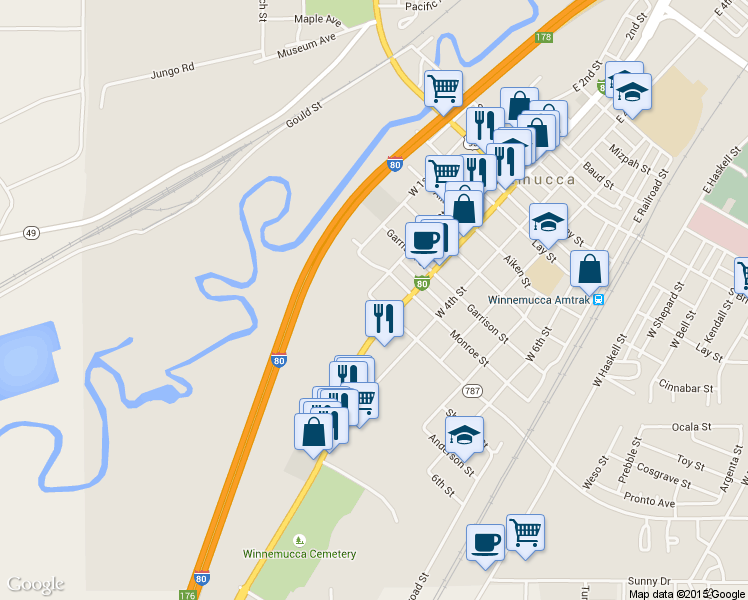 map of restaurants, bars, coffee shops, grocery stores, and more near 33 Hanson Street in Winnemucca