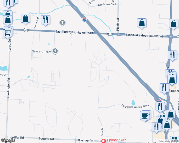 map of restaurants, bars, coffee shops, grocery stores, and more near 3447 Forest Lake Drive in Uniontown