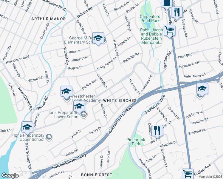 map of restaurants, bars, coffee shops, grocery stores, and more near 300 Stratton Road in New Rochelle