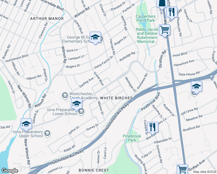map of restaurants, bars, coffee shops, grocery stores, and more near 300 Stratton Road in New Rochelle