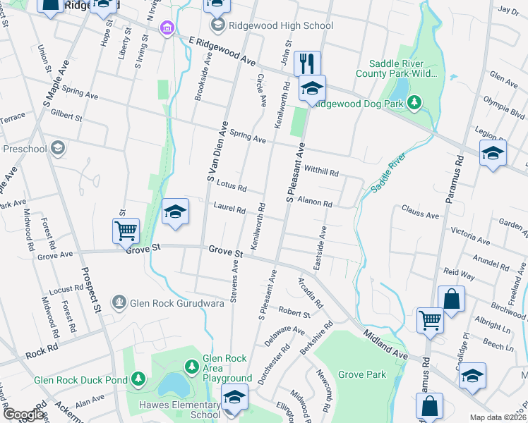 map of restaurants, bars, coffee shops, grocery stores, and more near 270 Kenilworth Road in Ridgewood