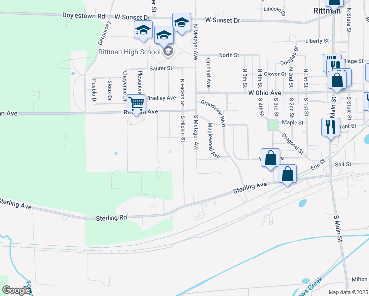 map of restaurants, bars, coffee shops, grocery stores, and more near 117 South Hickin Avenue in Rittman