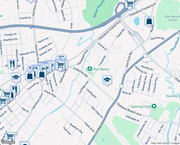 map of restaurants, bars, coffee shops, grocery stores, and more near 300 Theall Road in Rye