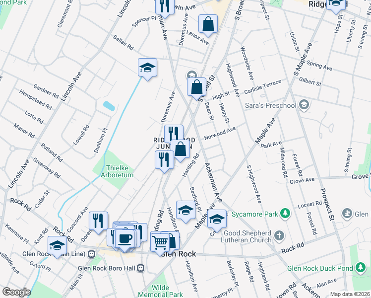 map of restaurants, bars, coffee shops, grocery stores, and more near 507 South Broad Street in Glen Rock