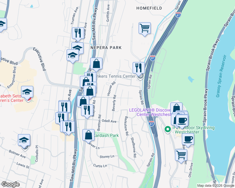 map of restaurants, bars, coffee shops, grocery stores, and more near 178 Hoover Road in Yonkers