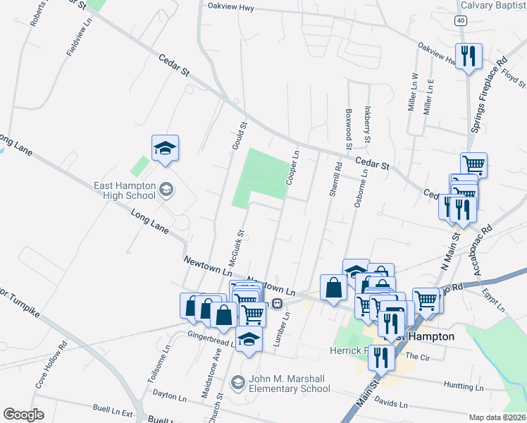 map of restaurants, bars, coffee shops, grocery stores, and more near 62 Mc Guirk Street in East Hampton