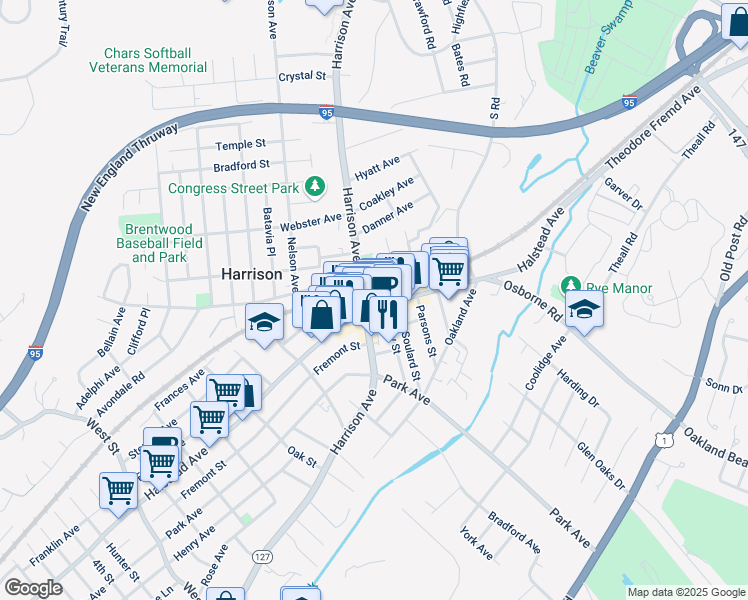 map of restaurants, bars, coffee shops, grocery stores, and more near 250 Harrison Avenue in Harrison