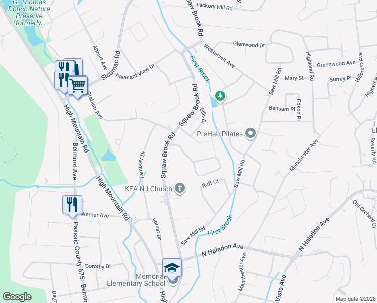 map of restaurants, bars, coffee shops, grocery stores, and more near 74 Hunter Road South in North Haledon