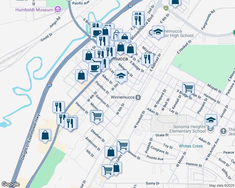 map of restaurants, bars, coffee shops, grocery stores, and more near 542 Aiken Street in Winnemucca