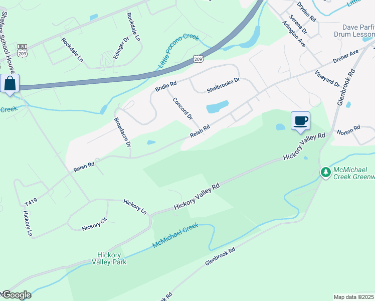 map of restaurants, bars, coffee shops, grocery stores, and more near 1565 Reish Road in Stroudsburg