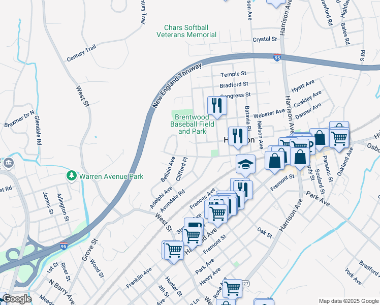 map of restaurants, bars, coffee shops, grocery stores, and more near 26 Clifford Place in Harrison