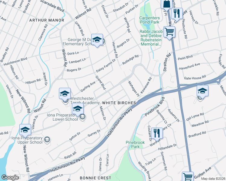 map of restaurants, bars, coffee shops, grocery stores, and more near 300 Stratton Road in New Rochelle