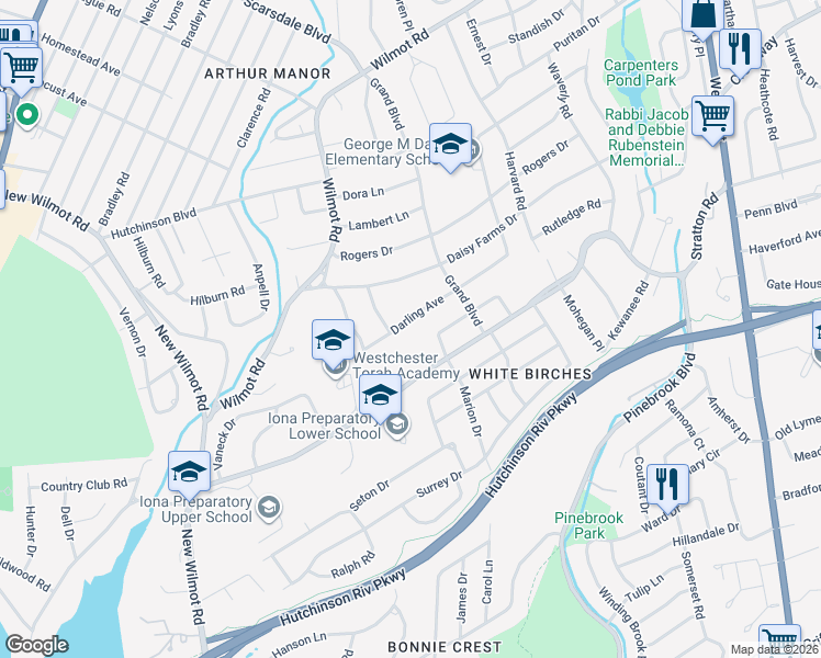 map of restaurants, bars, coffee shops, grocery stores, and more near 32 Leslie Place in New Rochelle
