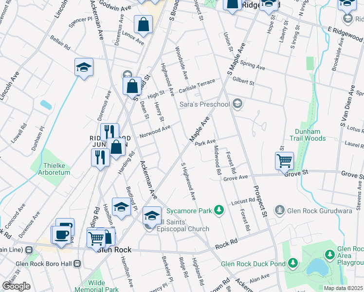 map of restaurants, bars, coffee shops, grocery stores, and more near 366 Maple Avenue in Glen Rock