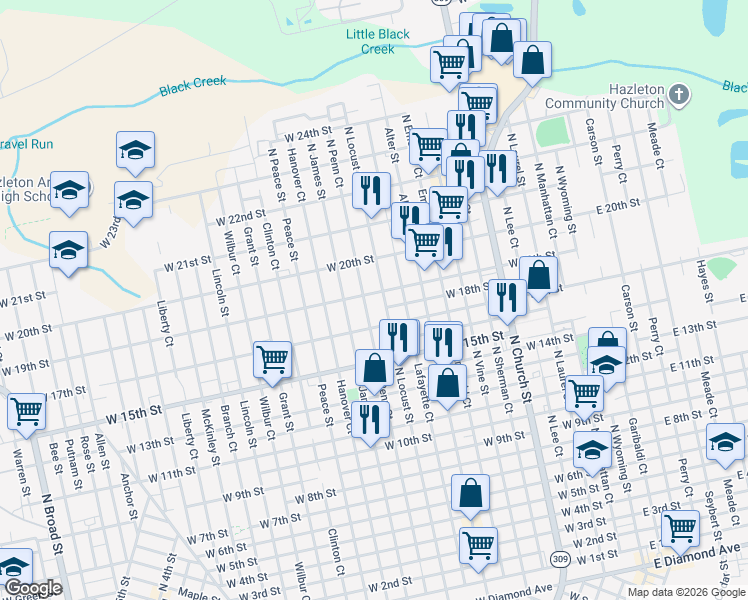 map of restaurants, bars, coffee shops, grocery stores, and more near 501-521 W 19th St in Hazleton