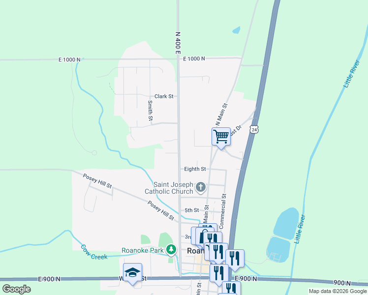 map of restaurants, bars, coffee shops, grocery stores, and more near 926 North 400 East in Roanoke