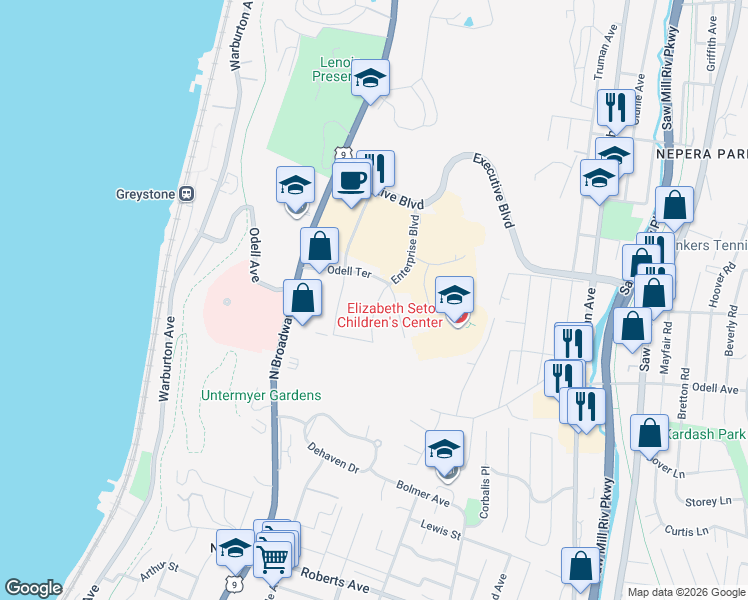 map of restaurants, bars, coffee shops, grocery stores, and more near 1 Odell Plaza in Yonkers