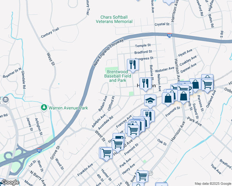 map of restaurants, bars, coffee shops, grocery stores, and more near 26 Clifford Place in Harrison