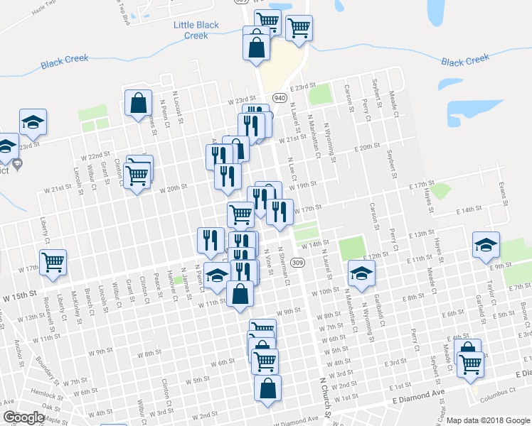 map of restaurants, bars, coffee shops, grocery stores, and more near 859 North Vine Street in Hazleton