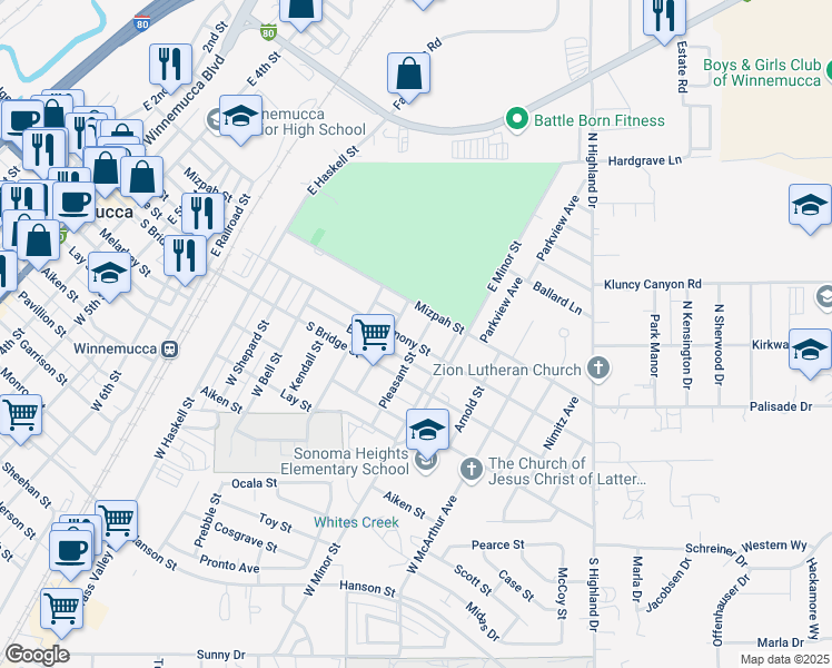 map of restaurants, bars, coffee shops, grocery stores, and more near 1339 Harmony Street in Winnemucca