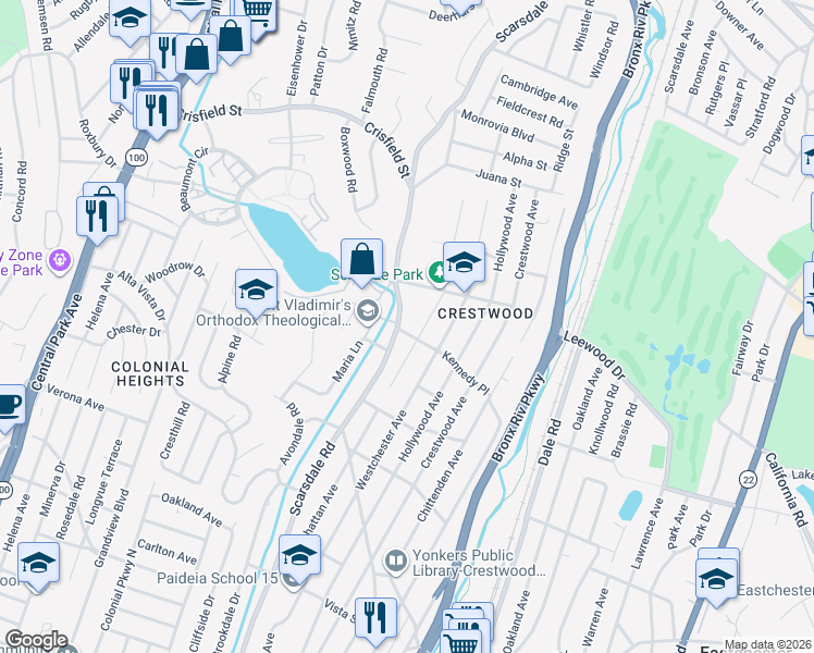 map of restaurants, bars, coffee shops, grocery stores, and more near 275 Manhattan Avenue in Yonkers