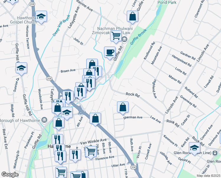 map of restaurants, bars, coffee shops, grocery stores, and more near 50 Rock Road in Hawthorne