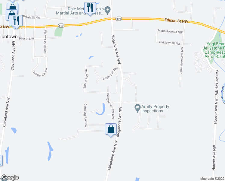 map of restaurants, bars, coffee shops, grocery stores, and more near 2765 Castle View Street Northwest in Uniontown