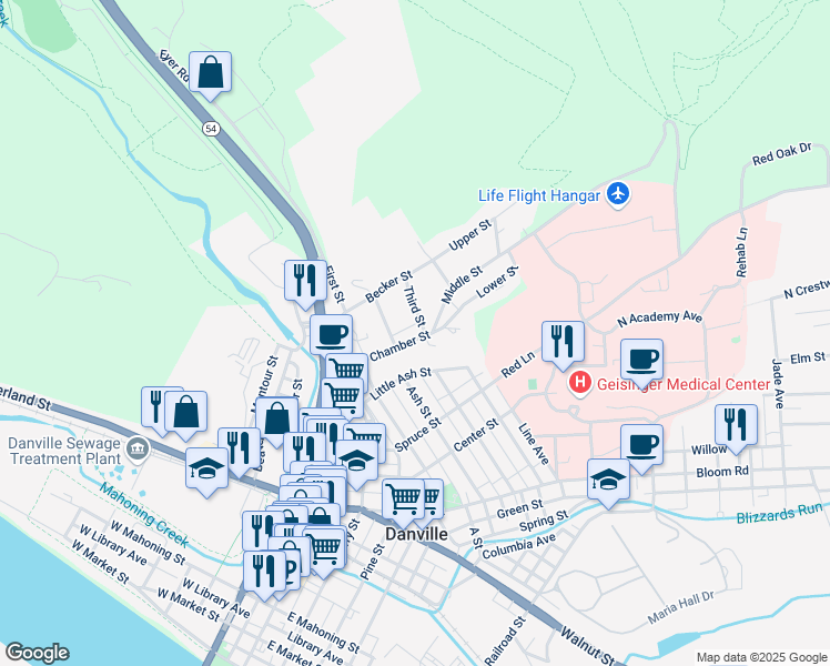 map of restaurants, bars, coffee shops, grocery stores, and more near 449 Chamber Street in Danville