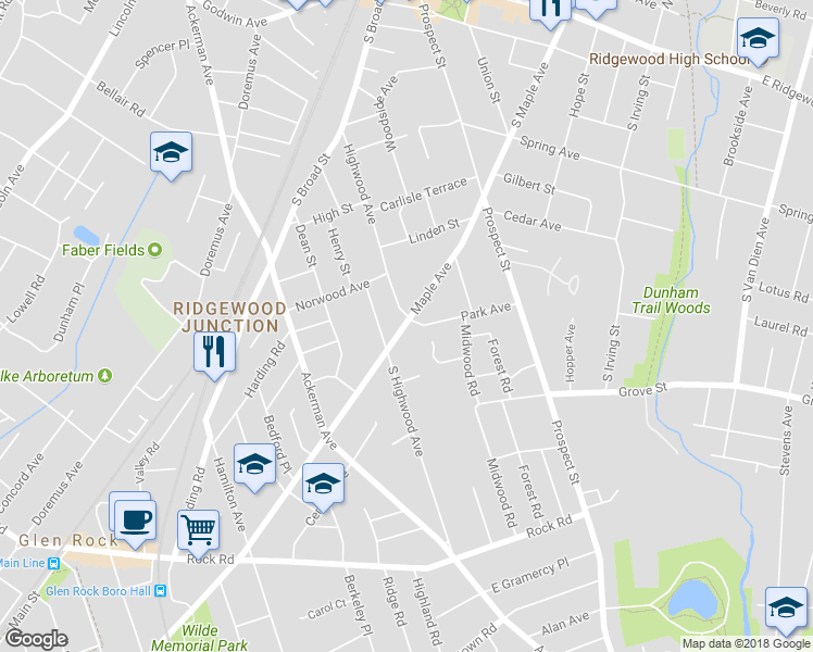 map of restaurants, bars, coffee shops, grocery stores, and more near 395 Maple Avenue in Glen Rock