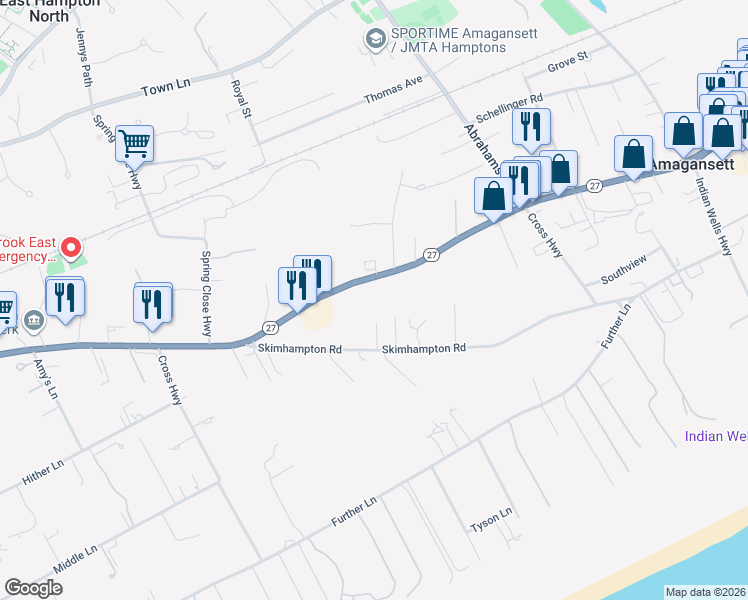 map of restaurants, bars, coffee shops, grocery stores, and more near 514 Pantigo Road in Amagansett
